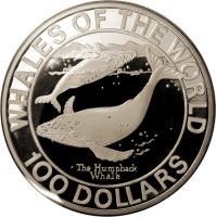 Bahamas coin 100 Dollars - Elizabeth II - Humpback Whale (1995) reverse reverse of 100 Dollars - Elizabeth II - Humpback Whale (1995) coin with KM# 185 from Bahamas. Inscription: WHALES OF THE WORLD · The Humpback Whale 100 DOLLARS