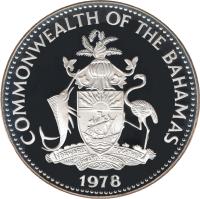 obverse of 10 Dollars - Elizabeth II - Independence (1978) coin with KM# 79 from Bahamas. Inscription: COMMONWEALTH OF THE BAHAMAS FORWARD, UPWARD, ONWARD, TOGETHER 1978