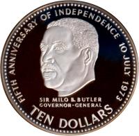 reverse of 10 Dollars - Elizabeth II - Independence (1978) coin with KM# 79 from Bahamas. Inscription: FIFTH ANNIVERSARY OF INDEPENDENCE 10 JULY 1973 SIR MILO B. BUTLER GOVERNOR-GENERAL TEN DOLLARS