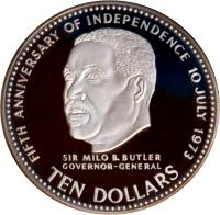 Bahamas coin 10 Dollars - Elizabeth II - Independence (1978) reverse reverse of 10 Dollars - Elizabeth II - Independence (1978) coin with KM# 79 from Bahamas. Inscription: FIFTH ANNIVERSARY OF INDEPENDENCE 10 JULY 1973 SIR MILO B. BUTLER GOVERNOR-GENERAL TEN DOLLARS