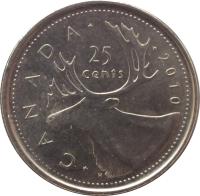 reverse of 25 Cents - Elizabeth II - 4'th Portrait (2003 - 2015) coin with KM# 493 from Canada. Inscription: · CANADA · · 2010 25 cents