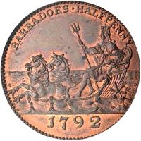 Barbados coin 1/2 Penny (1792) reverse reverse of 1/2 Penny (1792) coin with KM# Tn9 from Barbados. Inscription: BARBADOES · HALFPENNY 1792