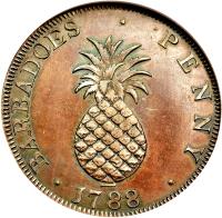 Barbados coin 1 Penny (1788) reverse reverse of 1 Penny (1788) coin with KM# TnA9 from Barbados. Inscription: BARBADOES · PENNY · 1788