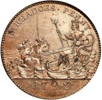 reverse of 1 Penny (1792) coin with KM# Tn10 from Barbados. Inscription: BARBADOES · PENNY 1792