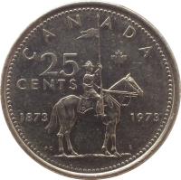 Canada coin 25 Cents - Elizabeth II - Royal Canadian Mounted Police (1973) reverse reverse of 25 Cents - Elizabeth II - Royal Canadian Mounted Police (1973) coin with KM# 81 from Canada. Inscription: CANADA 25 CENTS 1873 1973