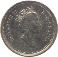 Canada coin 10 Cents - Elizabeth II - 3'rd Portrait (1990 - 2000) obverse obverse of 10 Cents - Elizabeth II - 3'rd Portrait (1990 - 2000) coin with KM# 183 from Canada. Inscription: ELIZABETH II D · G · REGINA