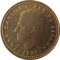 obverse of 1 Peseta - Juan Carlos I (1975) coin with KM# 806 from Spain. Inscription: JUAN CARLOS I REY DE ESPAÑA 1975