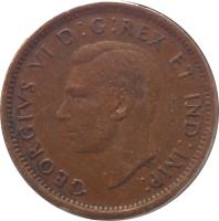 Canada coin 1 Cent - George VI - With IND IMP (1937 - 1947) obverse obverse of 1 Cent - George VI - With IND IMP (1937 - 1947) coin with KM# 32 from Canada. Inscription: GEORGIVS VI D:G:REX ET IND:IMP: