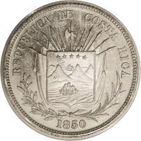 obverse of 1/4 Peso (1850 - 1855) coin with KM# 103 from Costa Rica. Inscription: REPUBLICA DE COSTA RICA 1850