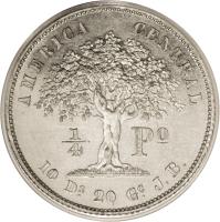 Costa Rica coin 1/4 Peso (1850 - 1855) reverse reverse of 1/4 Peso (1850 - 1855) coin with KM# 103 from Costa Rica. Inscription: AMERICA CENTRAL 1/4 Po 10 Ds 20 Gc J.B.