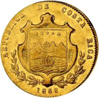 obverse of 5 Pesos (1867 - 1870) coin with KM# 114 from Costa Rica. Inscription: REPUBLICA DE COSTA RICA 1868