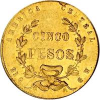 Costa Rica coin 5 Pesos (1867 - 1870) reverse reverse of 5 Pesos (1867 - 1870) coin with KM# 114 from Costa Rica. Inscription: AMERICA CENTRAL CINCO PESOS 21 Q G. W.