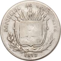 obverse of 50 Centavos (1865 - 1875) coin with KM# 112 from Costa Rica. Inscription: REPUBLICA DE COSTA RICA 1863