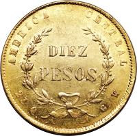 reverse of 10 Pesos (1870 - 1872) coin with KM# 115 from Costa Rica.