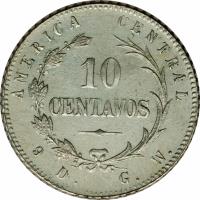 reverse of 10 Centavos (1886 - 1887) coin with KM# 126 from Costa Rica. Inscription: AMERICA CENTRAL 10 CENTAVOS 9D. G.W.