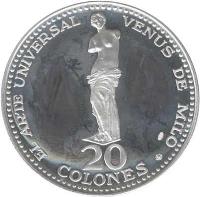 reverse of 20 Colones - Venus of Milo (1970) coin with KM# 193 from Costa Rica. Inscription: EL ARTE UNIVERSAL VENUS DE MILO 20 COLONES