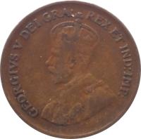 obverse of 1 Cent - George V - Smaller (1920 - 1936) coin with KM# 28 from Canada. Inscription: GEORGIVS V DEI GRA: REX ET IND:IMP: