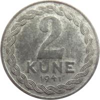 reverse of 2 Kune (1941) coin with KM# 2 from Croatia. Inscription: 2 KUNE 1941