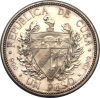 obverse of 1 Peso (1898) coin with KM# A8 from Cuba. Inscription: REPUBLICA DE CUBA UN PESO