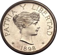 reverse of 1 Peso (1898) coin with KM# A8 from Cuba. Inscription: PATRIA Y LIBERAD * 1898 *