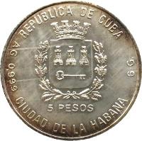 Cuba coin 5 Pesos - Soccer - Italy 1990 (1988) obverse obverse of 5 Pesos - Soccer - Italy 1990 (1988) coin with KM# 216 from Cuba. Inscription: REPUBLICA DE CUBA 5 PESOS AG 0,999 CUIDAD DE LA HABANA 5 G