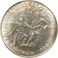 reverse of 5 Pesos - Soccer - Italy 1990 (1988) coin with KM# 216 from Cuba. Inscription: CAMPEONATO MUNDIAL DE FUTBOL 1988 ITALIA 1990