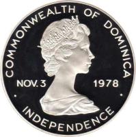 Dominica coin 20 Dollars - Elizabeth II - Israel and Egypt Peace Treaty (1979) obverse obverse of 20 Dollars - Elizabeth II - Israel and Egypt Peace Treaty (1979) coin with KM# 17 from Dominica. Inscription: COMMONWEALTH OF DOMINICA NOV.3 1978 INDEPENDENCE