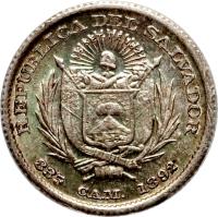 obverse of 5 Centavos (1892 - 1893) coin with KM# 109 from El Salvador. Inscription: REPUBLICA DEL SALVADOR 835 C.A.M. 1893