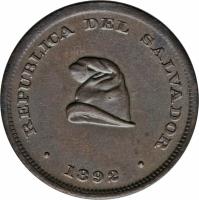 obverse of 1 Centavo (1892 - 1893) coin with KM# 108 from El Salvador. Inscription: REPUBLICA DEL SALVADOR 1892