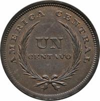 reverse of 1 Centavo (1892 - 1893) coin with KM# 108 from El Salvador. Inscription: AMERICA CENTRAL UN CENTAVO