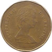 obverse of 1 Dollar - Elizabeth II - 2'nd Portrait (1987 - 1989) coin with KM# 157 from Canada. Inscription: ELIZABETH II D · G · REGINA