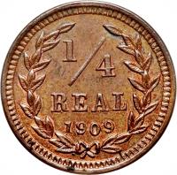 reverse of 1/4 Real (1909) coin with KM# 120 from El Salvador. Inscription: 1/4 REAL 1909