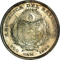 obverse of 50 Centavos (1892) coin with KM# 112 from El Salvador. Inscription: REPUBLICA DEL SALVADOR 900 CAM 1892