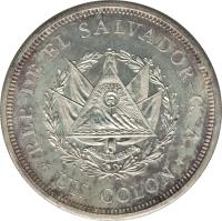obverse of 1 Colon - San Salvador (1925) coin with KM# 131 from El Salvador. Inscription: REP. DE EL SALVADOR-C.A. *UN COLON*