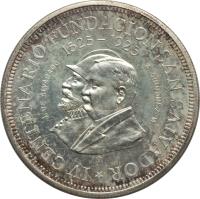 El Salvador coin 1 Colon - San Salvador (1925) reverse reverse of 1 Colon - San Salvador (1925) coin with KM# 131 from El Salvador. Inscription: IV CENTENARIO FUNDACION SAN SALVADOR J. DE ALVERADO 1525-1925 A. QUINONEZ M.