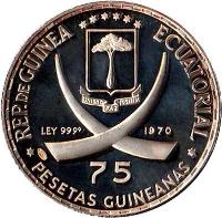 obverse of 75 Pesetas - Pope John XXIII (1970) coin with KM# 8 from Equatorial Guinea. Inscription: REP.DE GUINEA ECUATORIAL LEY 9999 1970 75 PESETAS GUINEANAS