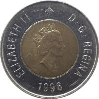 obverse of 2 Dollars - Elizabeth II - 3'rd Portrait (1996 - 2003) coin with KM# 270 from Canada. Inscription: ELIZABETH II D · G · REGINA 1996