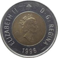 Canada coin 2 Dollars - Elizabeth II - 3'rd Portrait (1996 - 2003) obverse obverse of 2 Dollars - Elizabeth II - 3'rd Portrait (1996 - 2003) coin with KM# 270 from Canada. Inscription: ELIZABETH II D · G · REGINA 1996