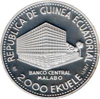 obverse of 2000 Ekuele - Tiger (1983) coin with KM# 57 from Equatorial Guinea. Inscription: REPUBLICA DE GUINEA ECUATORIAL BANCO CENTRAL MALABO 2.000 EKUELE 0,927