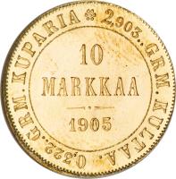 Finland coin 10 Markkaa - Alexander II / Nicholas II (1878 - 1913) reverse reverse of 10 Markkaa - Alexander II / Nicholas II (1878 - 1913) coin with KM# 8 from Finland. Inscription: 0,322..GRM.KUPARIA 2,903..GRM.KULTAA 10 MARKKAA 1913