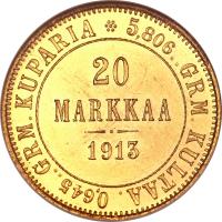 reverse of 20 Markkaa - Alexander II / Nicholas II (1878 - 1913) coin with KM# 9 from Finland. Inscription: 0,645..GRM.KUPARIA 5,806..GRM.KULTAA 20 MARKKAA 1910