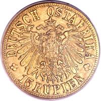 obverse of 15 Rupien - Wilhelm II - Tabora Emergency Coinage (1916) coin with KM# 16 from German East Africa. Inscription: DEUTCH OSTAFRIKA 15 RUPIEN