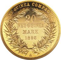 German New Guinea coin 20 Mark - Wilhelm II (1895) reverse reverse of 20 Mark - Wilhelm II (1895) coin with KM# 9 from German New Guinea. Inscription: NEU-GUINEA COMPAGNIE 20 NEU-GUINEA MARK 1895 A
