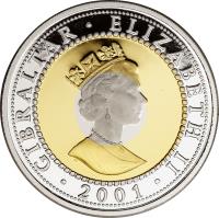 obverse of 1 Crown - Elizabeth II - 21st Century - 3'rd Portrait (2001) coin with KM# 906b from Gibraltar. Inscription: GIBRALTAR · ELIZABETH II · 2001 ·