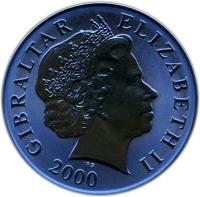obverse of 5 Pounds - Elizabeth II - Uniform Penny Post - 4'th Portrait (2000) coin with KM# 885 from Gibraltar. Inscription: GIBRALTAR	ELIZABETH II IRB 2000