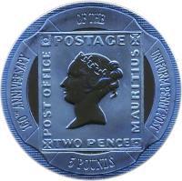 reverse of 5 Pounds - Elizabeth II - Uniform Penny Post - 4'th Portrait (2000) coin with KM# 885 from Gibraltar. Inscription: 160ᵀᴴ ANNIVERSARY	OF THE	UNIFORM PENNY POST POSTAGE POST OFFICE MAURITIUS TWO PENCE 5 POUNDS