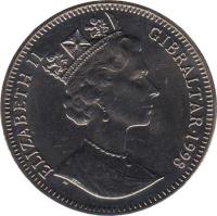 obverse of 1 Crown - Elizabeth II - Peter Rabbit (1998) coin with KM# 656 from Gibraltar. Inscription: ELIZABETH II GIBRALTAR · 1998 RDM PM