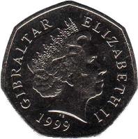 obverse of 50 Pence - Elizabeth II - Christmas (1999) coin with KM# 866 from Gibraltar. Inscription: GIBRALTAR ELIZABETH II 1999