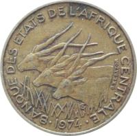 Central Africa (BEAC) coin 10 Francs (1974 - 2003) obverse obverse of 10 Francs (1974 - 2003) coin with KM# 9 from Central Africa (BEAC). Inscription: BANQUE DES ETATS DE L'AFRIQUE CENTRALE 1983