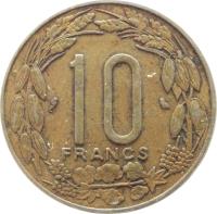 reverse of 10 Francs (1974 - 2003) coin with KM# 9 from Central Africa (BEAC). Inscription: 10 FRANCS